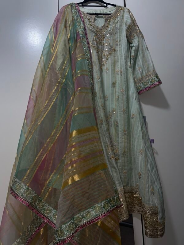 Stunning Suit perfect for a party or a mehndi with a colourful organza Dupatta Size small Worn couple of times